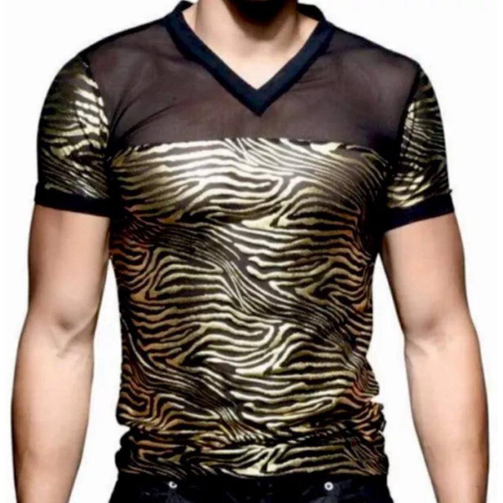 🦋B2G1🦋ANDREW CHRISTIAN Glam Luxe Black/Gold Tiger Sheer Erotic Tee Gay Pride SM